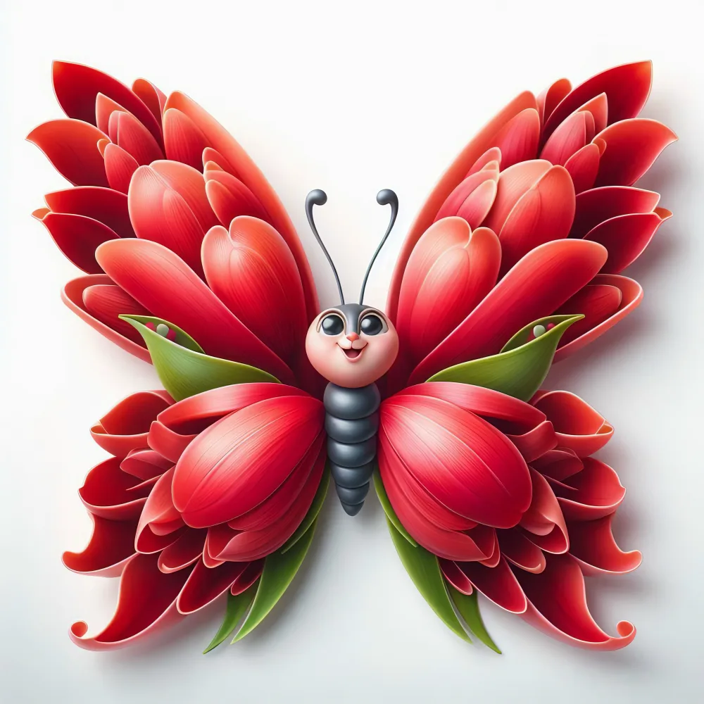 Whimsical Butterfly with Red Flower Petal Wings