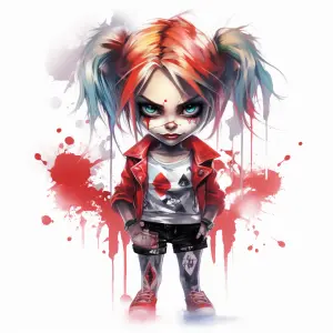 Stylized Chibi Character with Colorful Hair and Red Jacket