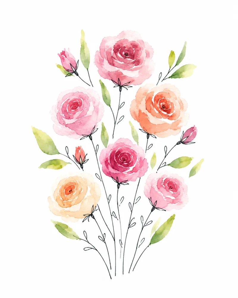 Watercolor Bouquet of Pink and Peach Roses with Green Leaves
