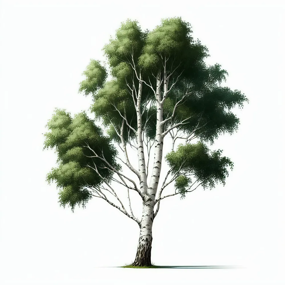 Detailed Birch Tree with Green Foliage on White Background