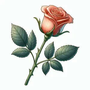 Detailed Illustration of a Pink Rose with Green Leaves