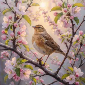 Small Brown Bird Perched on Flowering Branch in Soft Morning Light