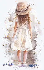 Watercolor Portrait of a Young Girl in White Dress and Straw Hat