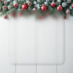 Blank White Board with Christmas Ornament Garland on Wooden Background
