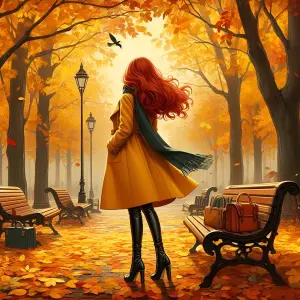Woman in Yellow Coat Walking Through Autumn Park