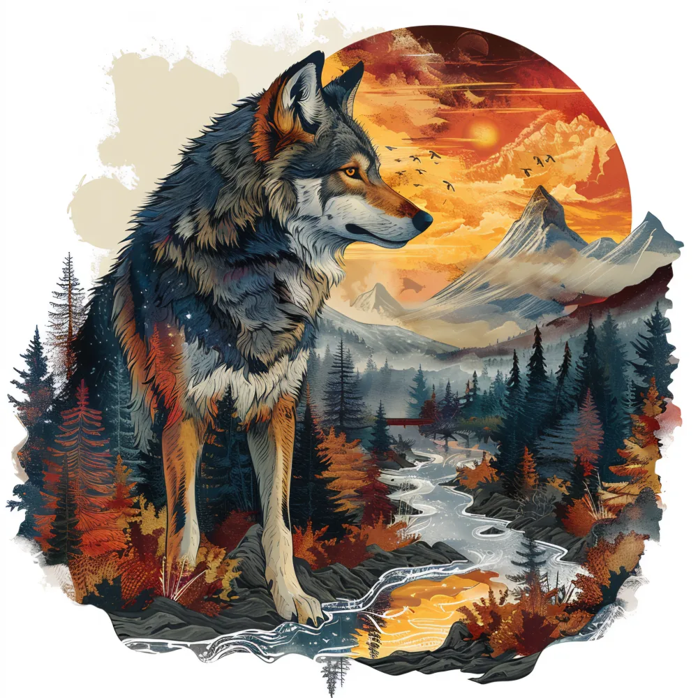 Digital Art of Wolf in Autumn Mountain Landscape at Sunset