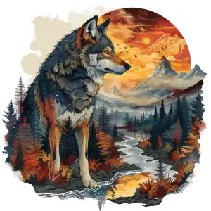Digital Art of Wolf in Autumn Mountain Landscape at Sunset