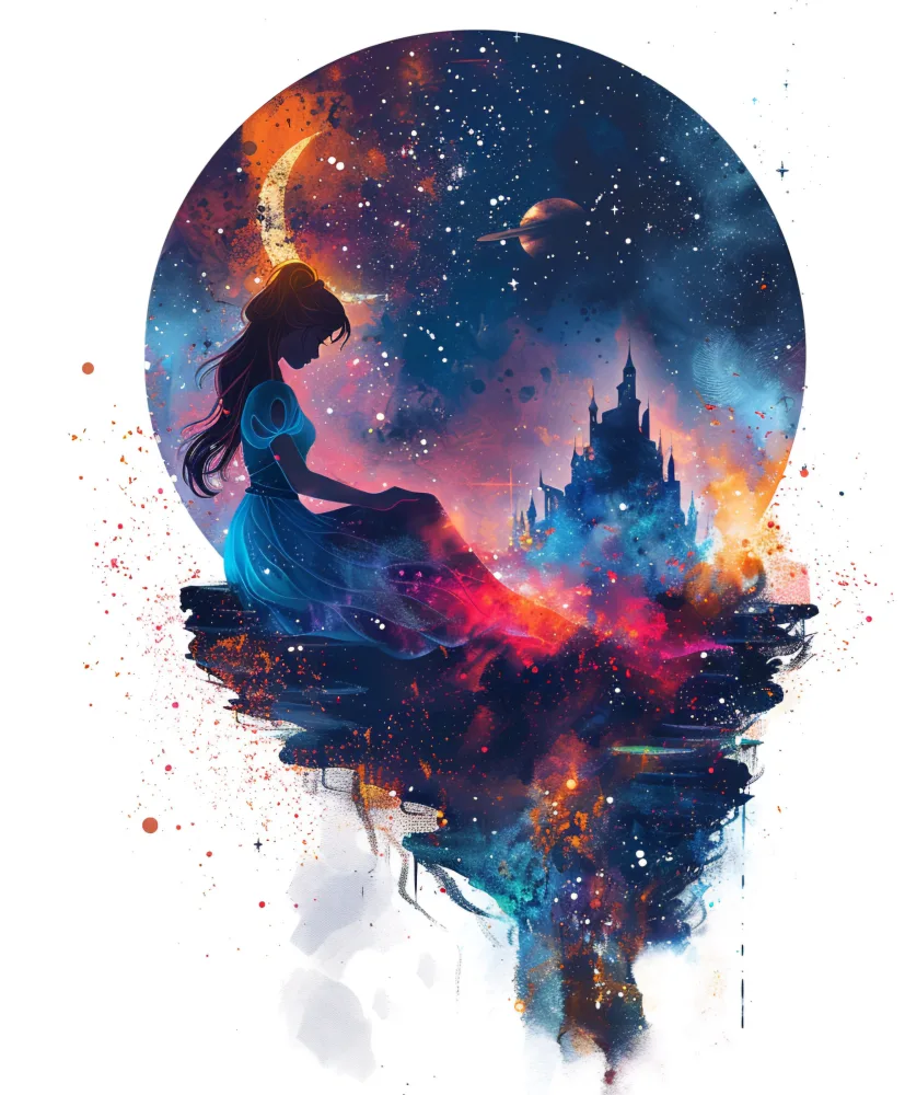 Dreamy Fantastical Scene of a Girl with Cosmic Castle