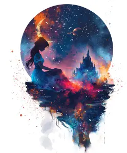Dreamy Fantastical Scene of a Girl with Cosmic Castle
