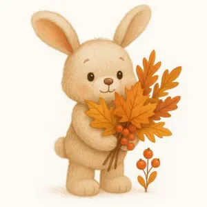 Cute Bunny Holding Autumn Leaves and Berries Illustration