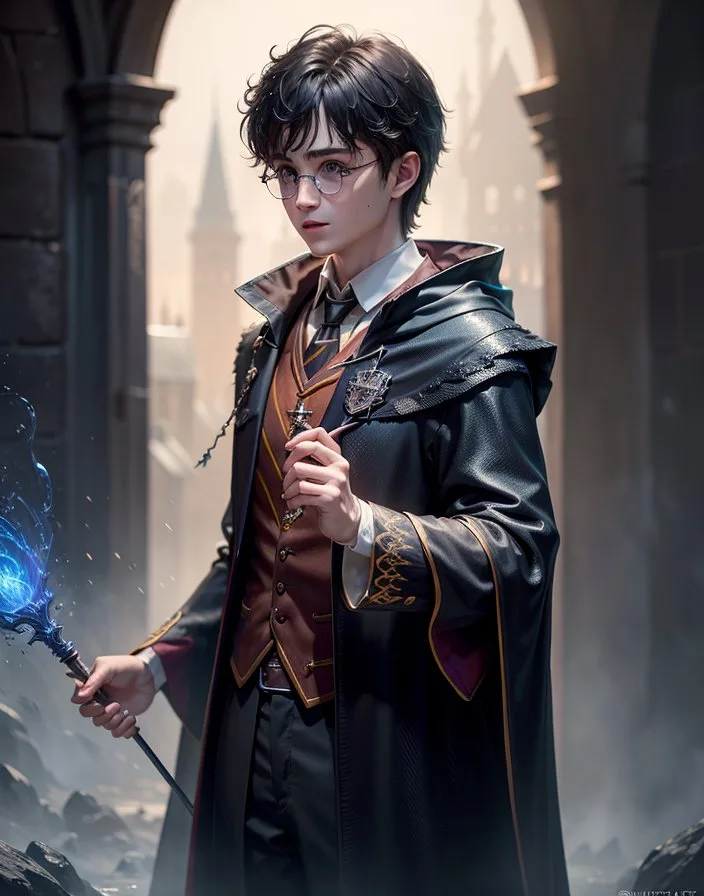 Young Wizard in Enchanted Cloak Holding Magical Staff