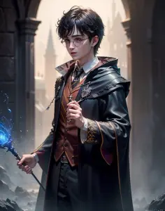 Young Wizard in Enchanted Cloak Holding Magical Staff