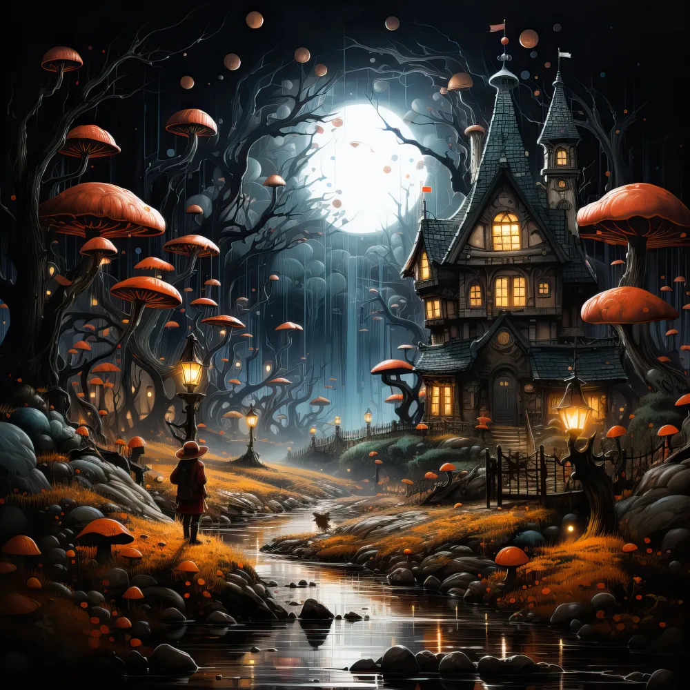 Mystical Night Scene with Cottage and Giant Mushrooms by Moonlight