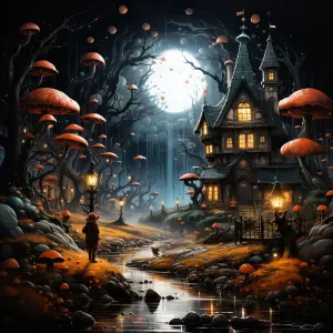 Mystical Night Scene with Cottage and Giant Mushrooms by Moonlight