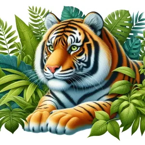 Tiger Resting Among Green Jungle Leaves