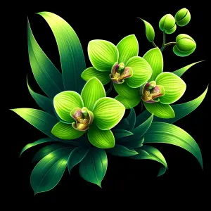 Close-up of Green Orchids with Lush Leaves on Black Background
