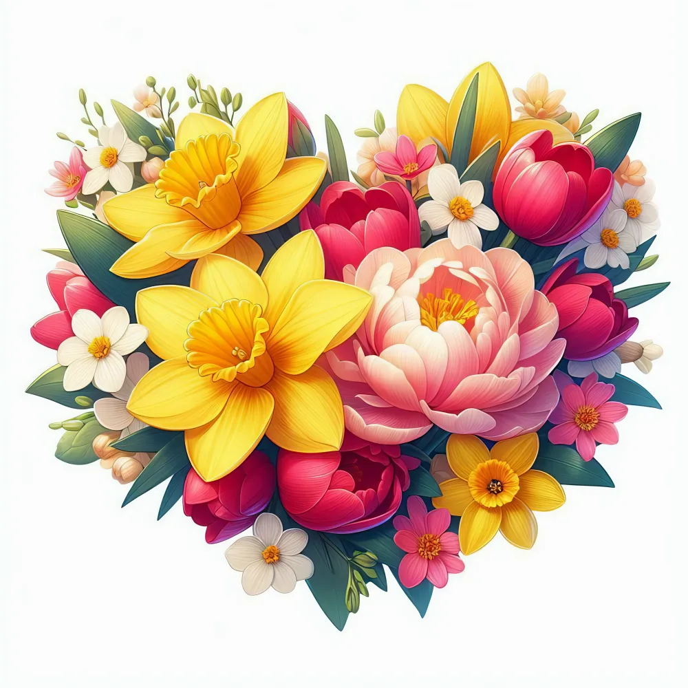 Heart-Shaped Bouquet of Daffodils, Tulips, and Peonies