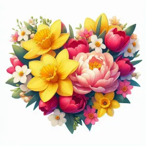 Heart-Shaped Bouquet of Daffodils, Tulips, and Peonies