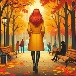 Woman in Yellow Coat Walking Through Autumn Park with Fountains
