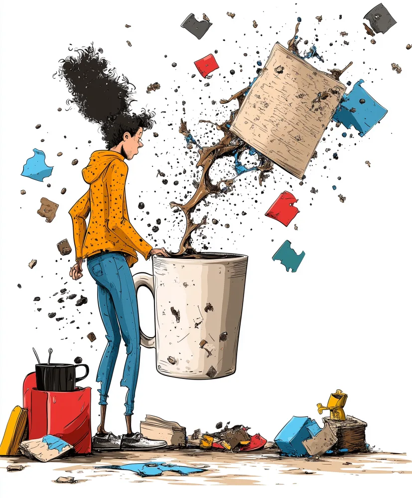 Surreal Coffee Splash with Woman and Books