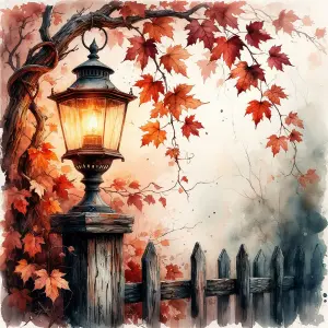 Autumn Lamp Post with Red Maple Leaves and Wooden Fence