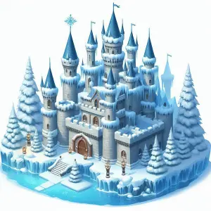 Snow-Covered Fantasy Ice Castle with Turrets and Pine Trees