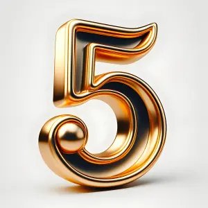 Shiny Gold Number 5 Sculpture on White Background