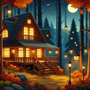 Cozy Autumn Cabin with Lanterns in Forest at Night