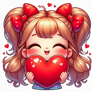 Cute Cartoon Girl Holding Heart with Red Bows and Smiling Face