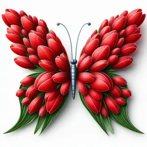 Creative Butterfly Made of Red Flower Petals and Green Leaves