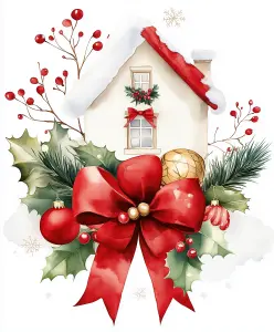 Christmas Cottage with Festive Red Bow and Holly Decoration