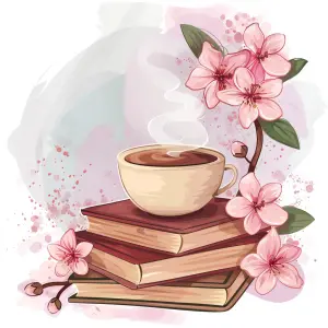 Stack of Books with Steaming Coffee and Pink Cherry Blossoms Illustration