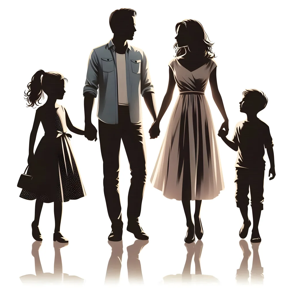 Silhouetted Family Holding Hands with Children