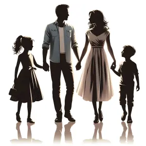 Silhouetted Family Holding Hands with Children