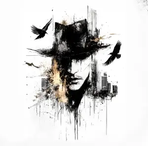 Abstract Ink Portrait of Man with Hat and Crows in Urban Setting