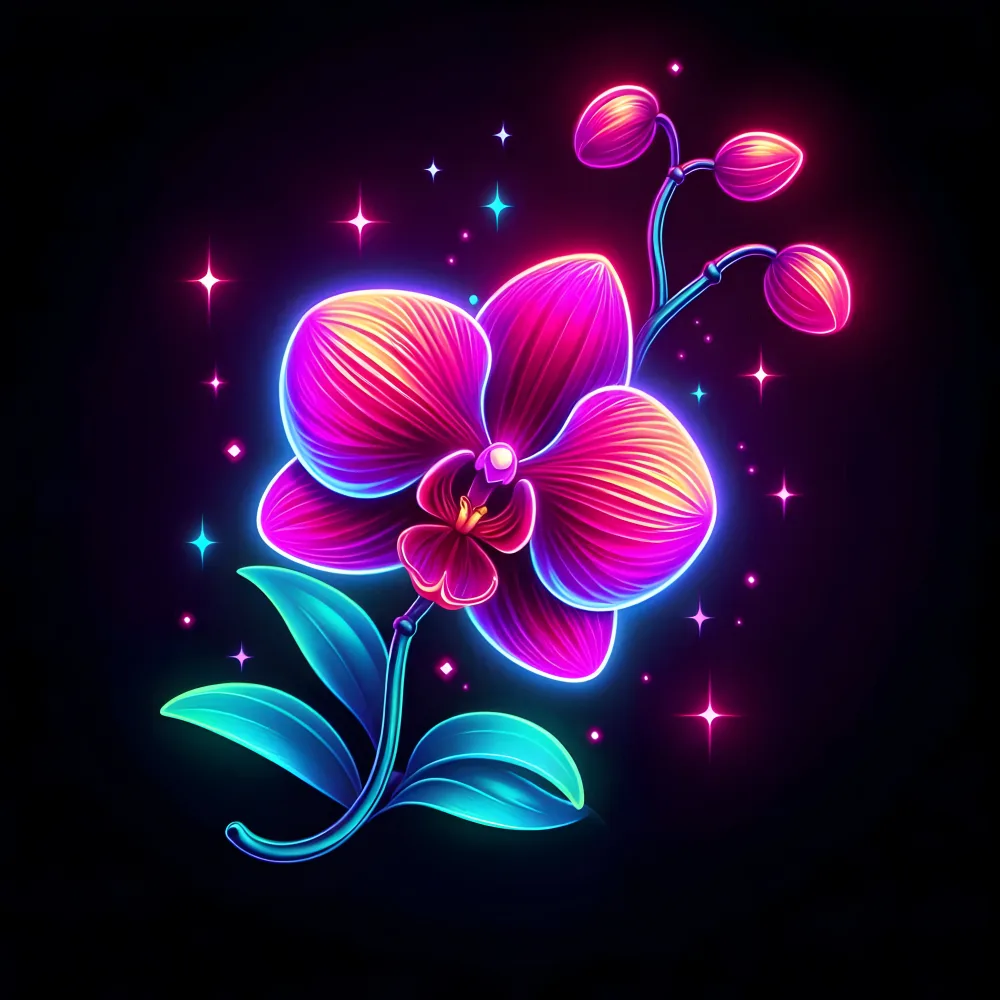 Neon Glowing Orchid Flower with Vibrant Buds and Leaves