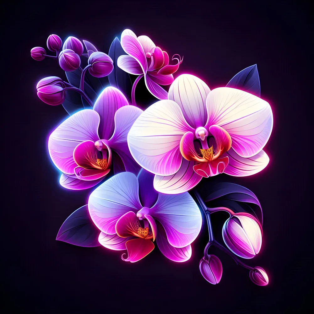 Glowing Purple and White Orchid Flowers on Dark Background