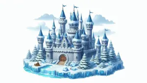 Fantasy Ice Castle with Snow-Covered Pine Trees on Frozen Island