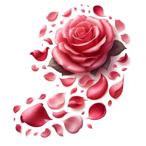 Pink Rose with Scattered Petals on White Background
