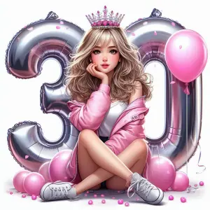 Young Woman Celebrating 30th Birthday with Pink and Silver Balloons