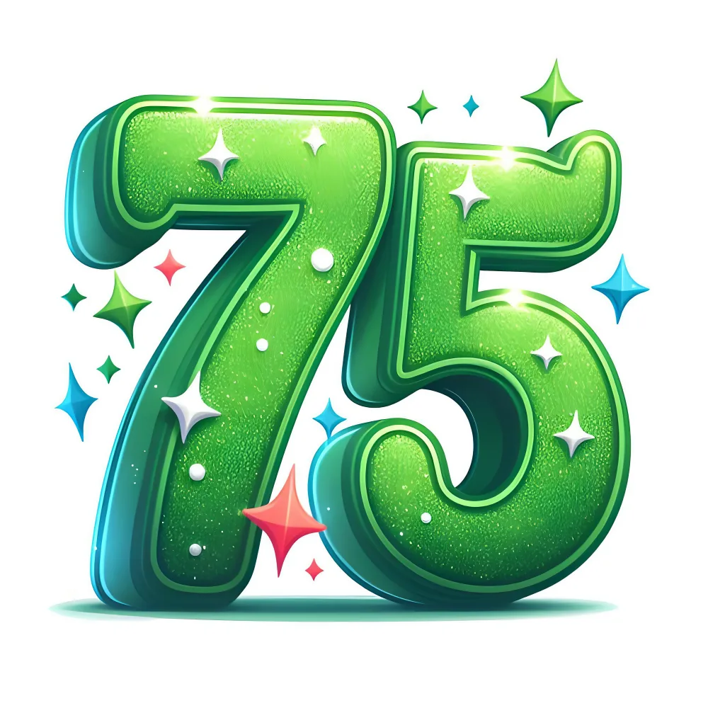 Shiny Green 3D Number 75 with Stars
