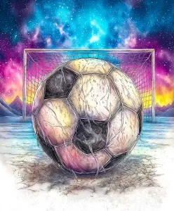 Vintage Soccer Ball on Field with Colorful Cosmic Sky