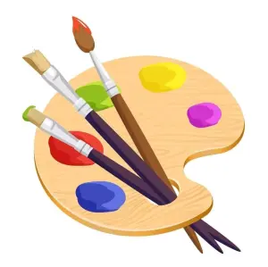 Wooden Artist Palette with Paint Brushes and Colorful Paint Dabs