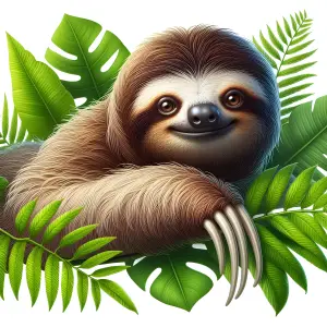 Close-up of a Smiling Sloth Surrounded by Tropical Green Leaves