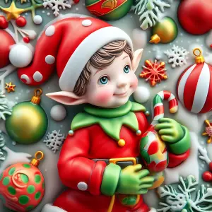 Festive Christmas Elf Holding Candy Cane with Holiday Decorations