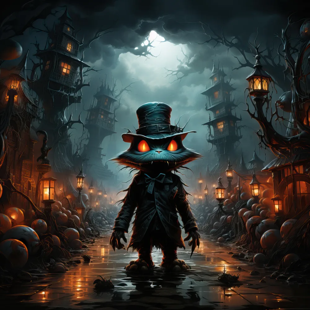 Halloween Cat in Dark Haunted Village