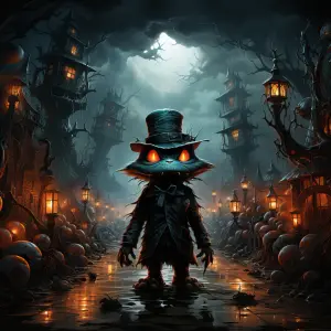 Halloween Cat in Dark Haunted Village