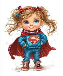 Cute Toddler Girl Dressed as Superhero with Cape and Big Blue Eyes