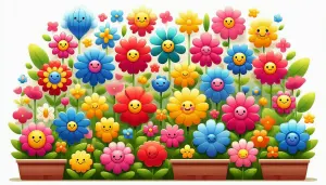 Colorful cartoon flowers with smiling faces in pots