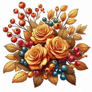 Autumn Bouquet with Golden Roses and Colorful Berries